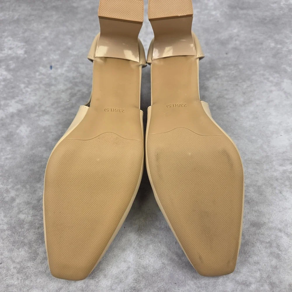 Nude Beige Pointed Toe Block Heel Pumps with Side Cutouts Size 6.5